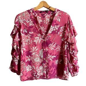 ZARA Printed Top Ruffles Floral Pink 3/4 Sleeves Button Down Chiffon Medium NWT